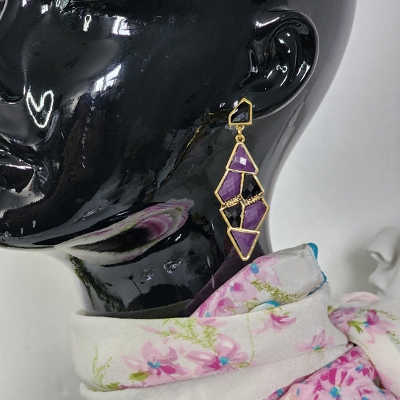 Gold and Purple Geometric Drop Earrings - Picture 4 of 6